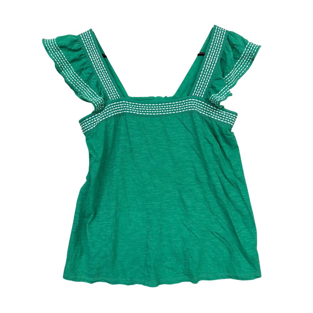 LOFT Womens Blouse Green White Embroidery Square Neck Flutter Sleeve XS